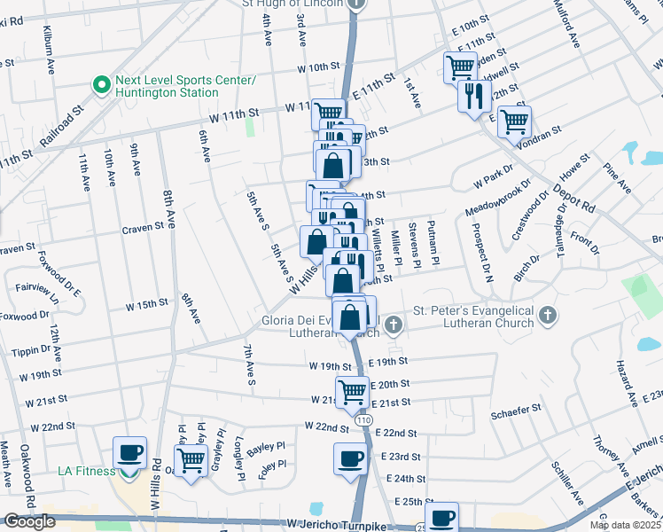 map of restaurants, bars, coffee shops, grocery stores, and more near 28 West Hills Road in Huntington Station