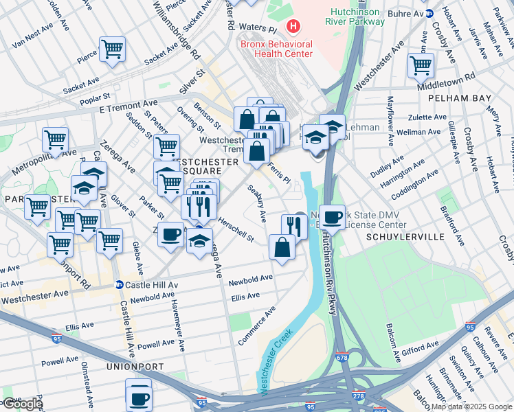 map of restaurants, bars, coffee shops, grocery stores, and more near 2474 Butler Place in The Bronx
