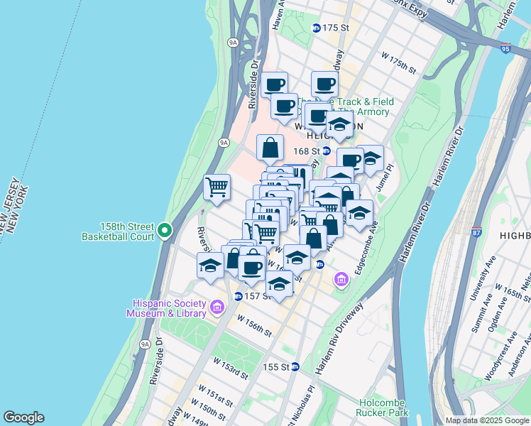 map of restaurants, bars, coffee shops, grocery stores, and more near 610 West 163rd Street in New York