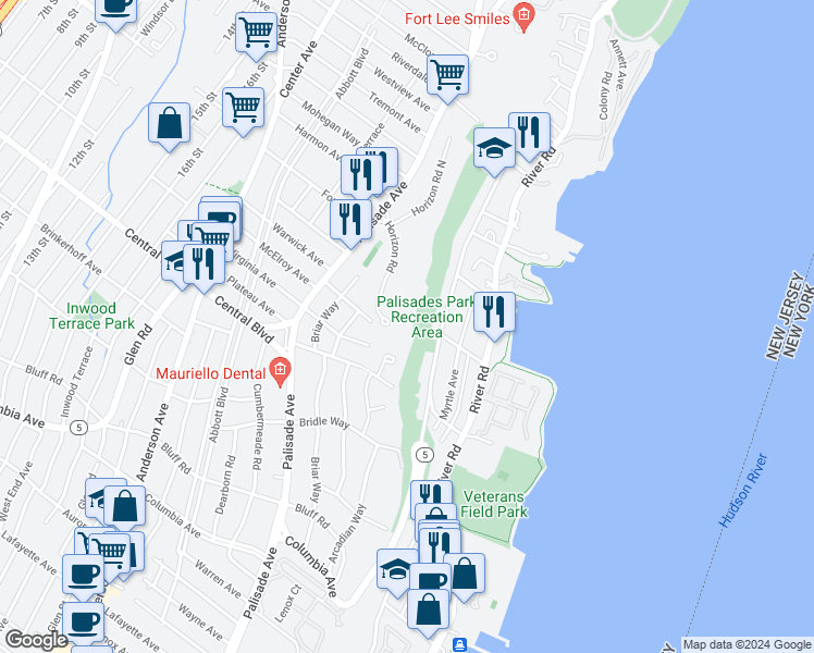 map of restaurants, bars, coffee shops, grocery stores, and more near 1 Horizon Road in Fort Lee