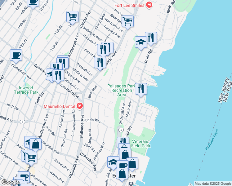map of restaurants, bars, coffee shops, grocery stores, and more near 1 Horizon Road in Fort Lee
