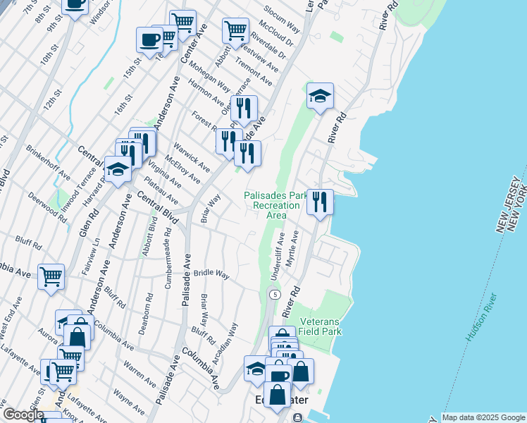 map of restaurants, bars, coffee shops, grocery stores, and more near 2 Horizon Road in Fort Lee