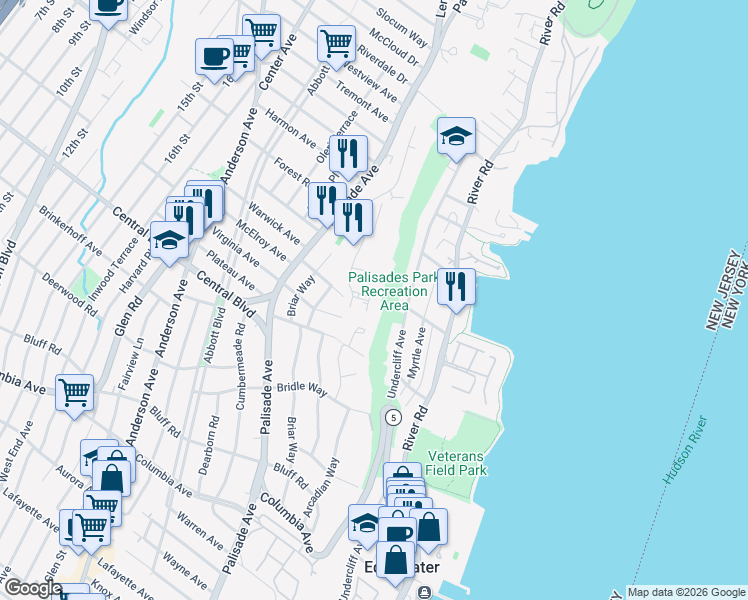 map of restaurants, bars, coffee shops, grocery stores, and more near 1 Horizon Road in Fort Lee