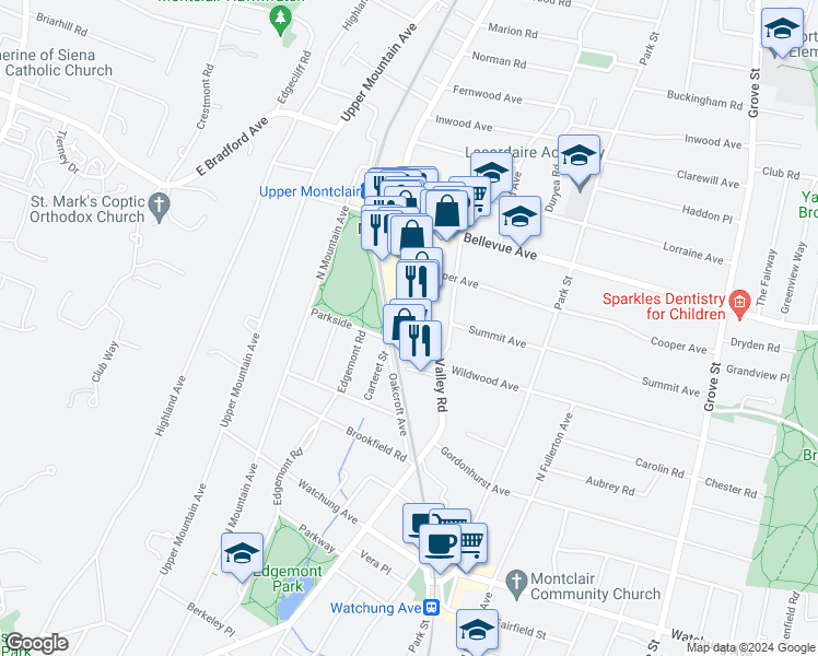 map of restaurants, bars, coffee shops, grocery stores, and more near 522 Valley Road in Montclair