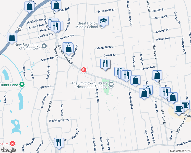 map of restaurants, bars, coffee shops, grocery stores, and more near Smithtown Boulevard & Mayfair Road in Nesconset