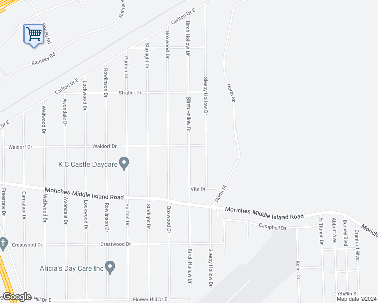 map of restaurants, bars, coffee shops, grocery stores, and more near Birch Hollow Drive in Shirley