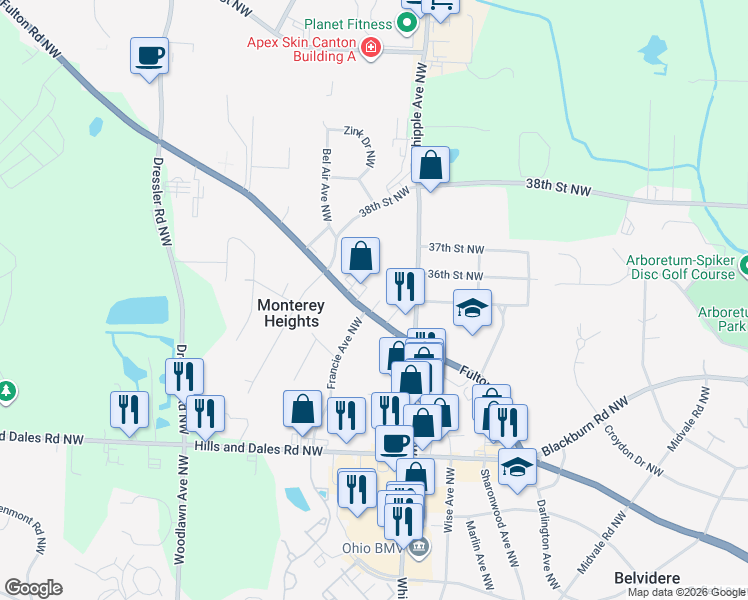 map of restaurants, bars, coffee shops, grocery stores, and more near in Stark County