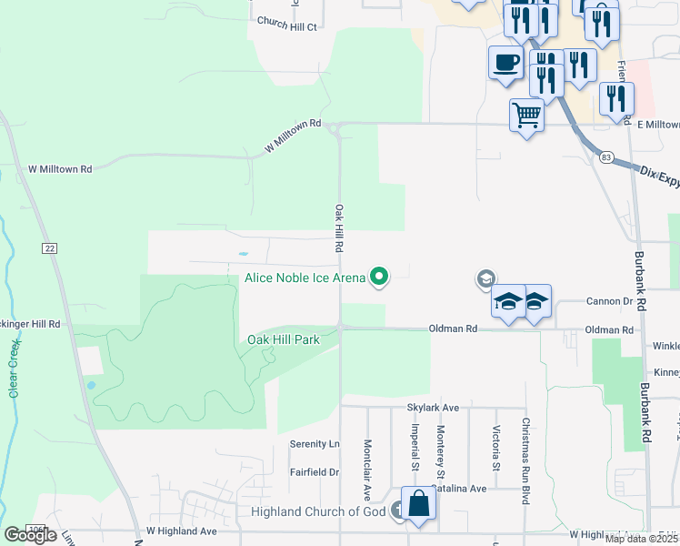 map of restaurants, bars, coffee shops, grocery stores, and more near 3172 Oak Hill Road in Wooster