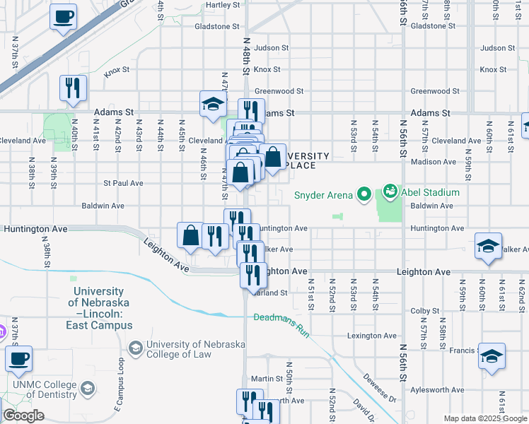 map of restaurants, bars, coffee shops, grocery stores, and more near 2535 North 49th Street in Lincoln