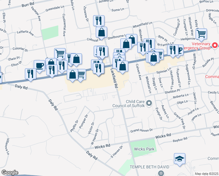 map of restaurants, bars, coffee shops, grocery stores, and more near 760 Larkfield Road in East Northport