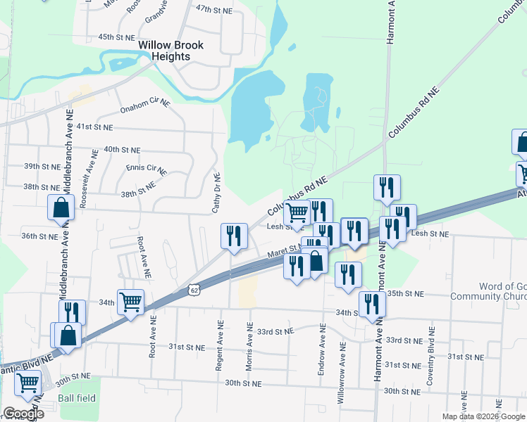 map of restaurants, bars, coffee shops, grocery stores, and more near 2810 Columbus Road Northeast in Canton