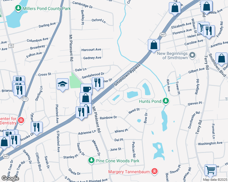 map of restaurants, bars, coffee shops, grocery stores, and more near 17 West Pond Court in Smithtown