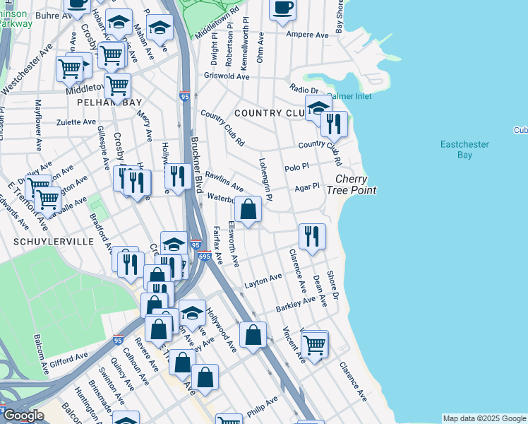 map of restaurants, bars, coffee shops, grocery stores, and more near 3209 Waterbury Avenue in Bronx