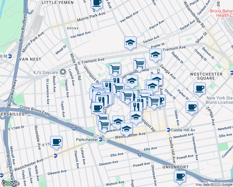 map of restaurants, bars, coffee shops, grocery stores, and more near 1555 Unionport Road in Bronx