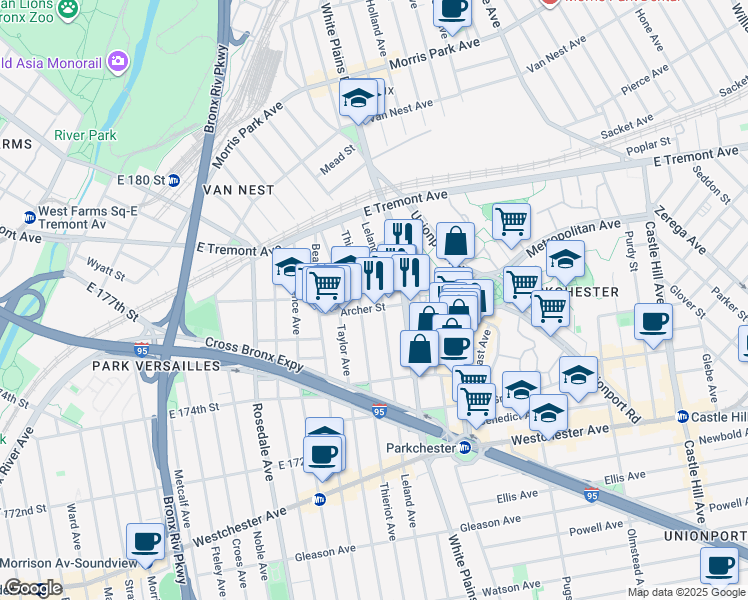 map of restaurants, bars, coffee shops, grocery stores, and more near 1477 Leland Avenue in Bronx