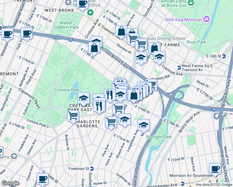 map of restaurants, bars, coffee shops, grocery stores, and more near 1691 Boston Road in The Bronx
