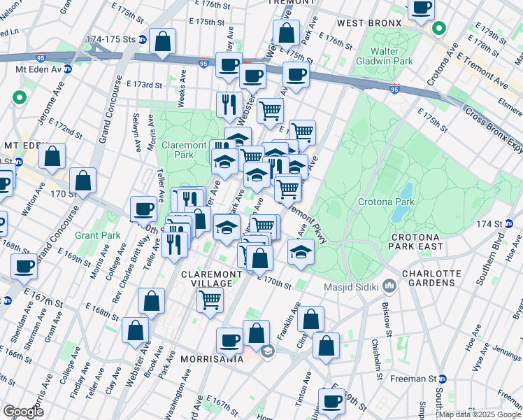map of restaurants, bars, coffee shops, grocery stores, and more near 15 East 171st Street in Bronx