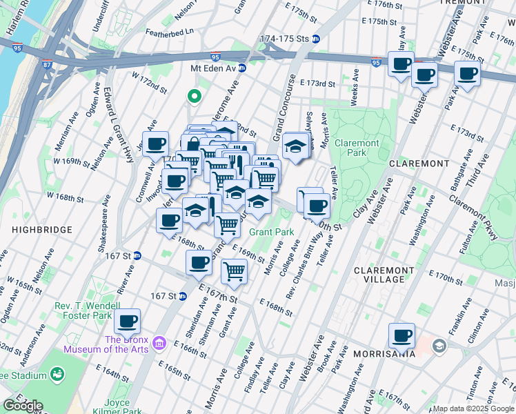 map of restaurants, bars, coffee shops, grocery stores, and more near 1350 Grand Concourse in Bronx
