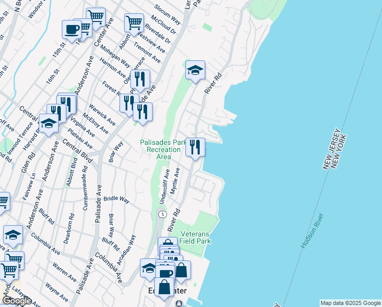 map of restaurants, bars, coffee shops, grocery stores, and more near 75 Myrtle Avenue in Edgewater