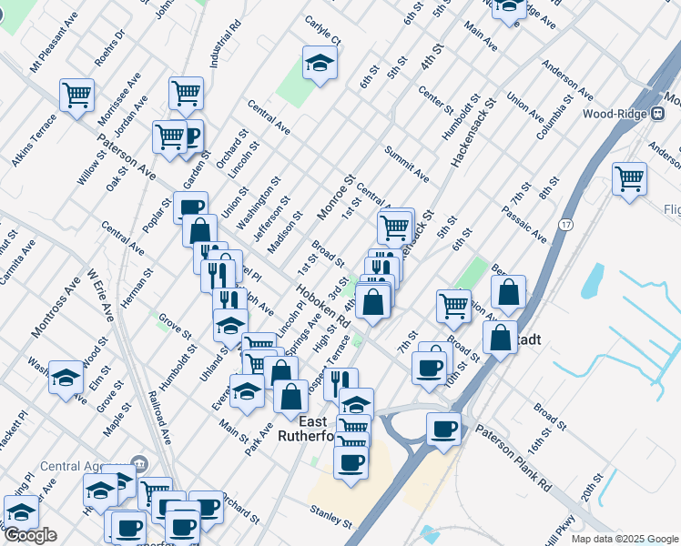 map of restaurants, bars, coffee shops, grocery stores, and more near 322 3rd Street in Carlstadt