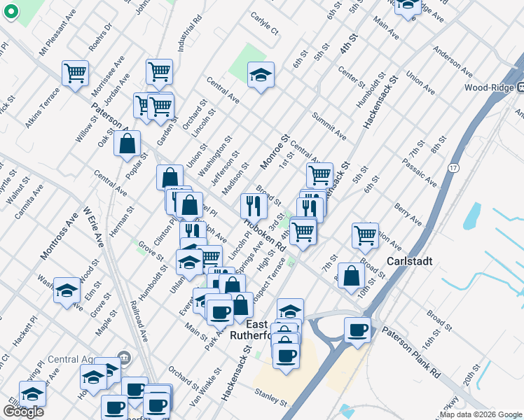 map of restaurants, bars, coffee shops, grocery stores, and more near 479 Hoboken Road in Carlstadt