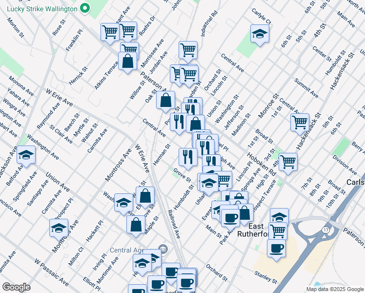 map of restaurants, bars, coffee shops, grocery stores, and more near 74 Mozart Street in East Rutherford