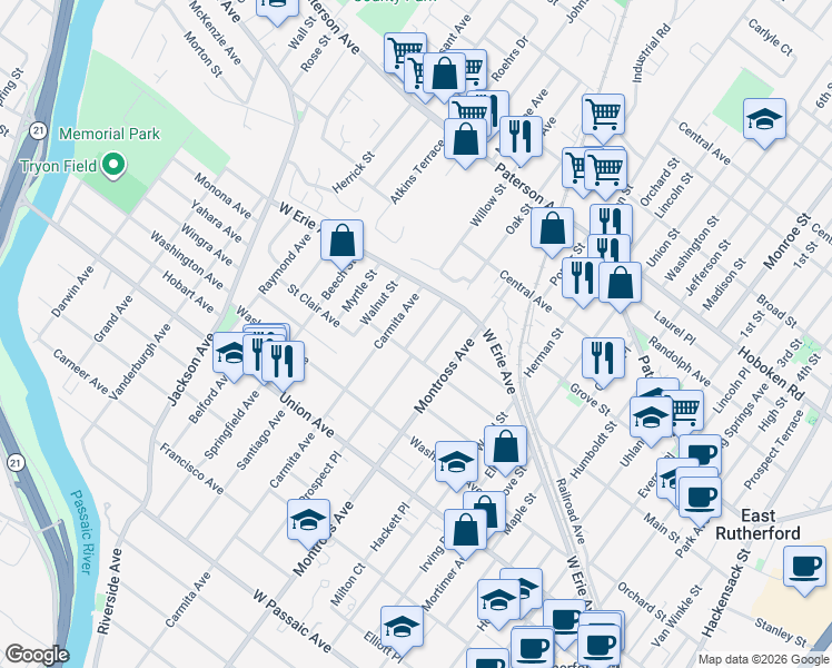 map of restaurants, bars, coffee shops, grocery stores, and more near 115 Morse Avenue in Rutherford