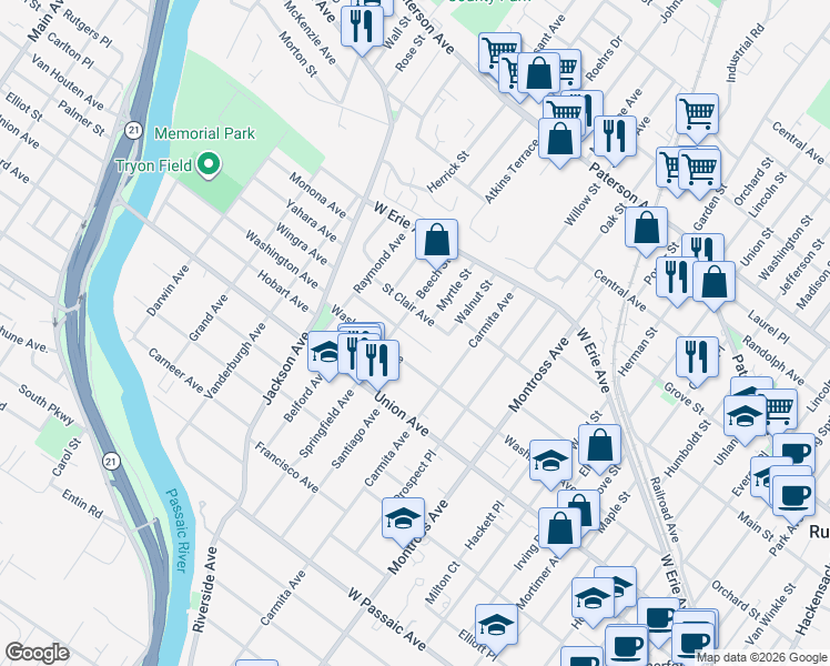 map of restaurants, bars, coffee shops, grocery stores, and more near 15 Sunderland Avenue in Rutherford