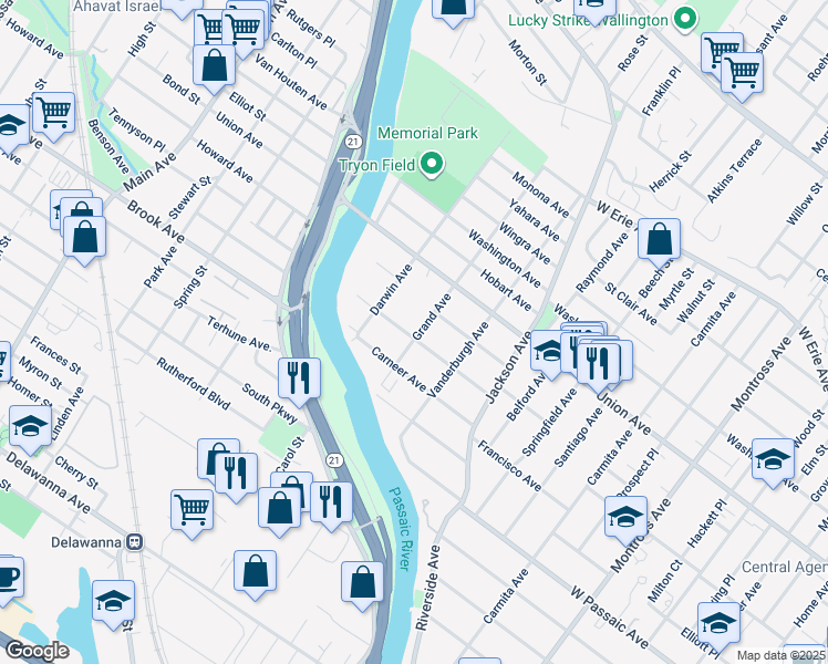 map of restaurants, bars, coffee shops, grocery stores, and more near 218 Grand Avenue in Rutherford