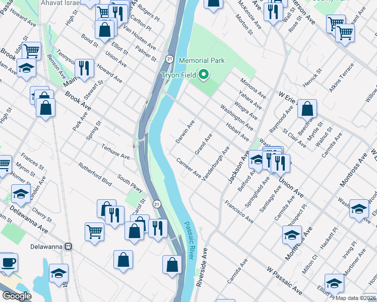 map of restaurants, bars, coffee shops, grocery stores, and more near 218 Grand Avenue in Rutherford