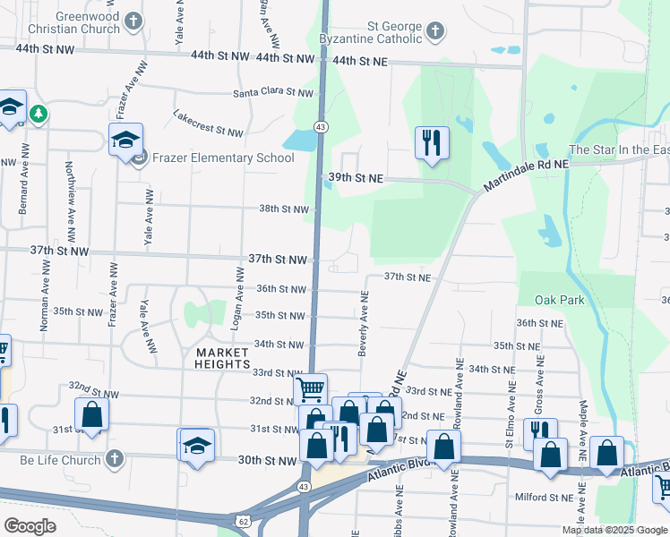 map of restaurants, bars, coffee shops, grocery stores, and more near 135 36th Street Northeast in Canton