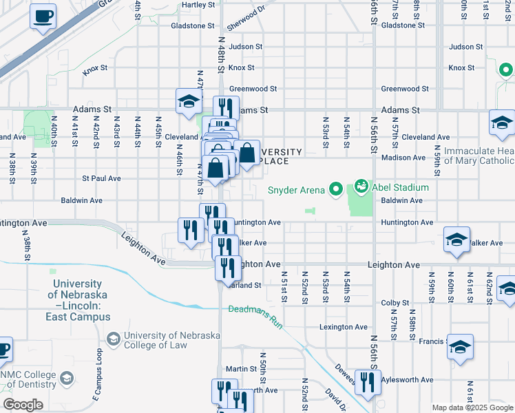 map of restaurants, bars, coffee shops, grocery stores, and more near Huntington Avenue in Lincoln