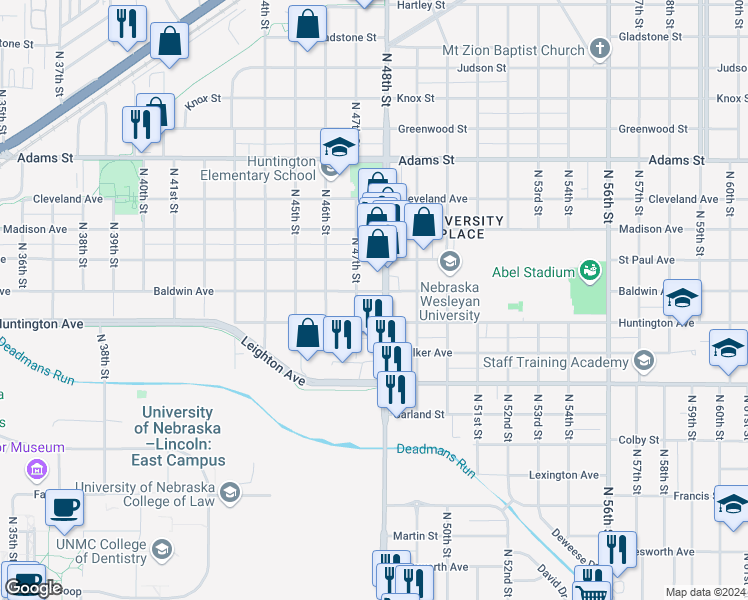 map of restaurants, bars, coffee shops, grocery stores, and more near 4740 Huntington Avenue in Lincoln