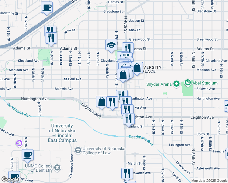 map of restaurants, bars, coffee shops, grocery stores, and more near 4626 Huntington Avenue in Lincoln