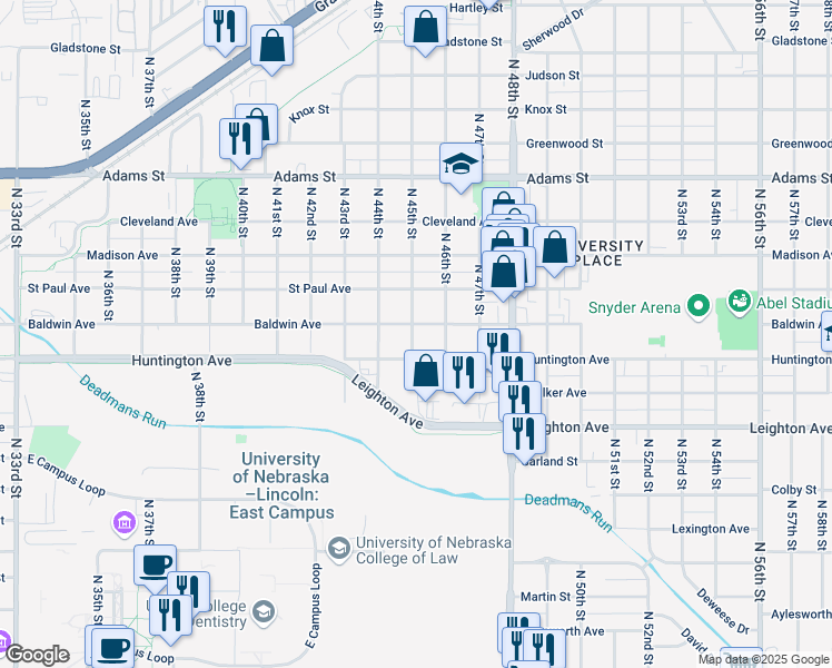 map of restaurants, bars, coffee shops, grocery stores, and more near 4510 Huntington Avenue in Lincoln