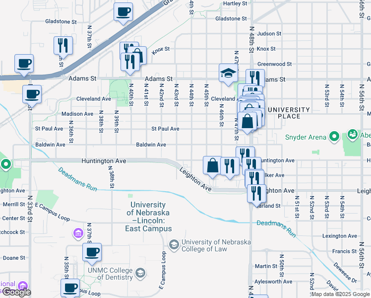 map of restaurants, bars, coffee shops, grocery stores, and more near 4302 Huntington Avenue in Lincoln