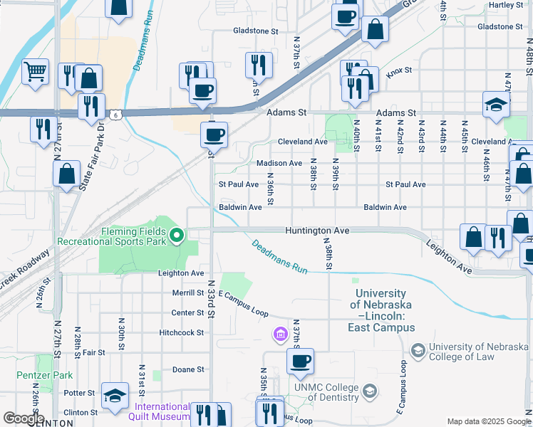 map of restaurants, bars, coffee shops, grocery stores, and more near 3600 Huntington Avenue in Lincoln