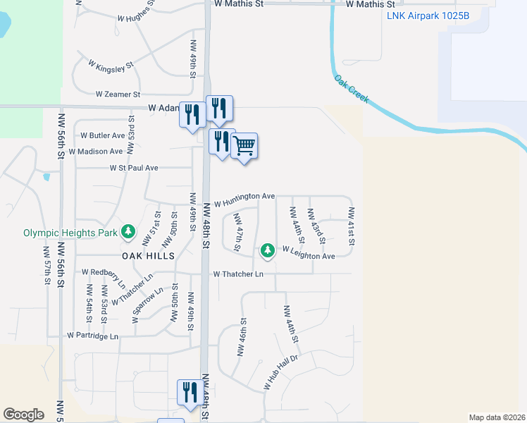 map of restaurants, bars, coffee shops, grocery stores, and more near 2409 Northwest 46th Street in Lincoln