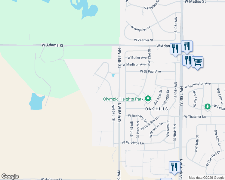 map of restaurants, bars, coffee shops, grocery stores, and more near 2420 Northwest 57th Street in Lincoln