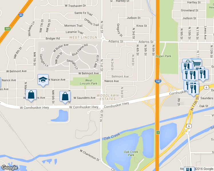 map of restaurants, bars, coffee shops, grocery stores, and more near 203 Alexander Road in Lincoln