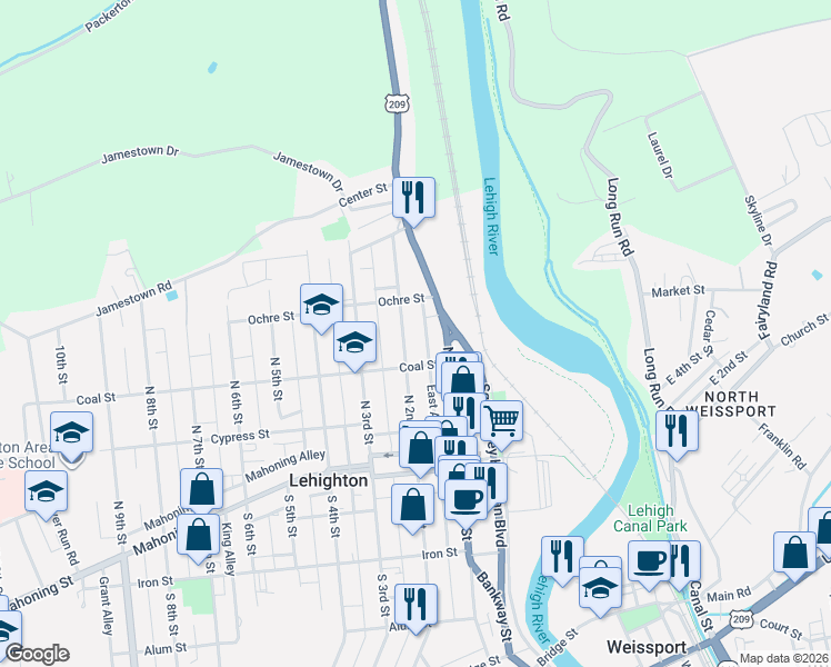 map of restaurants, bars, coffee shops, grocery stores, and more near 314 North 2nd Street in Lehighton