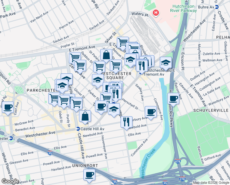 map of restaurants, bars, coffee shops, grocery stores, and more near 1421 Rowland Street in Bronx