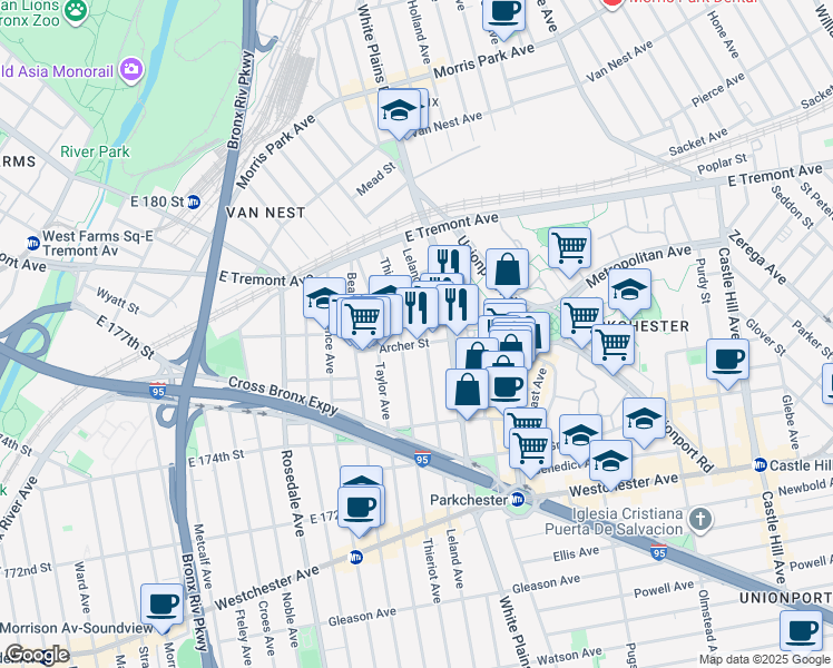 map of restaurants, bars, coffee shops, grocery stores, and more near 1505 Leland Avenue in The Bronx