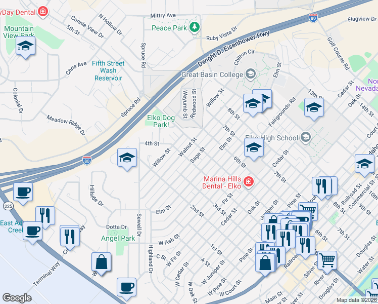 map of restaurants, bars, coffee shops, grocery stores, and more near 378 Walnut Street in Elko