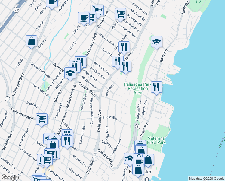 map of restaurants, bars, coffee shops, grocery stores, and more near 1210 Briar Way in Fort Lee