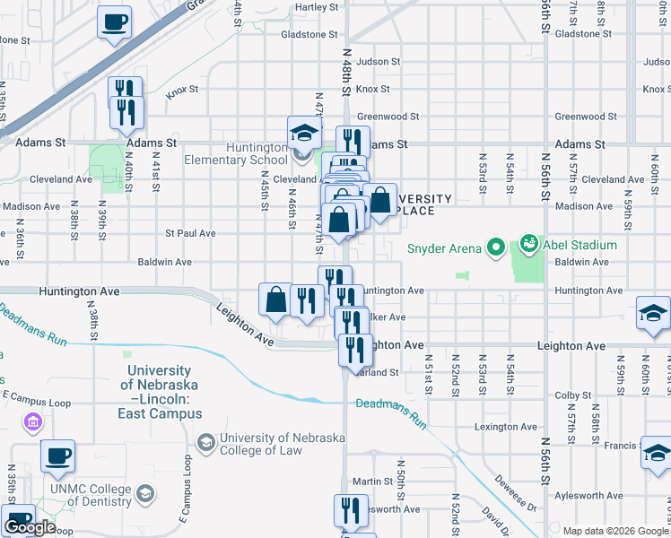 map of restaurants, bars, coffee shops, grocery stores, and more near 4740 Huntington Avenue in Lincoln