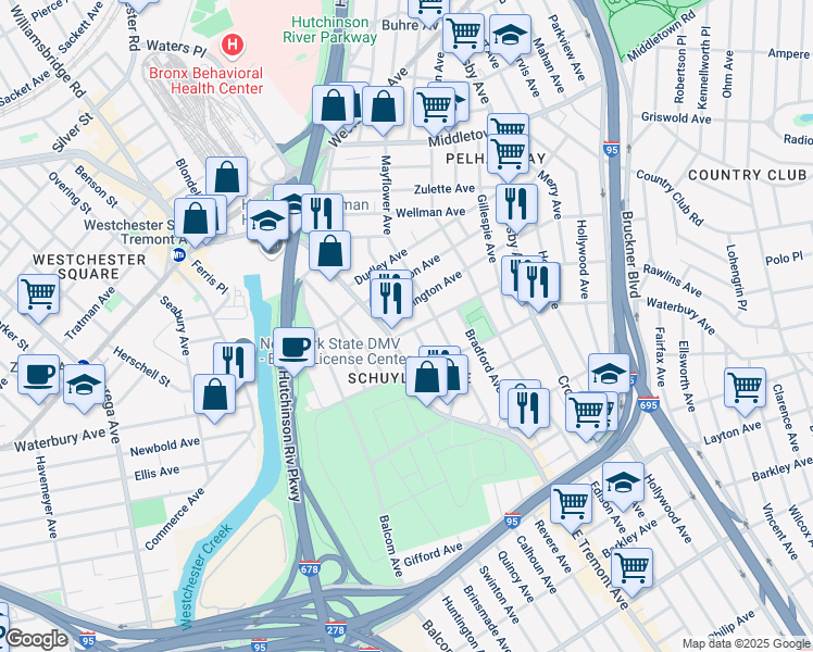 map of restaurants, bars, coffee shops, grocery stores, and more near 2819 La Salle Avenue in Bronx
