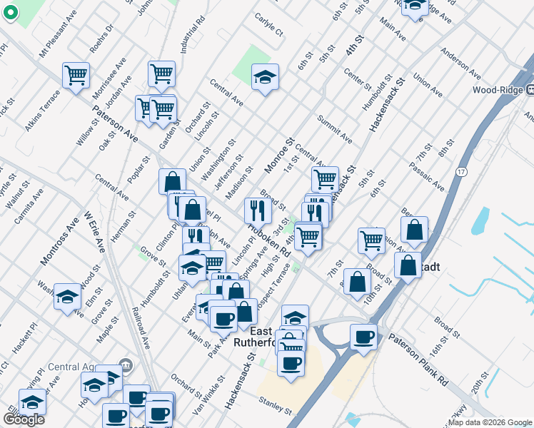 map of restaurants, bars, coffee shops, grocery stores, and more near 322 3rd Street in Carlstadt