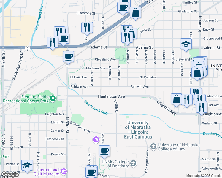 map of restaurants, bars, coffee shops, grocery stores, and more near 3811 Baldwin Avenue in Lincoln