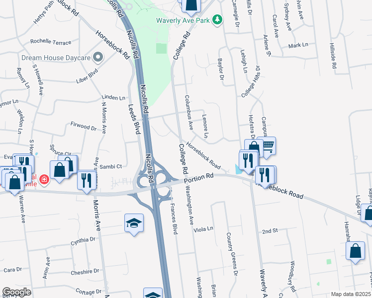 map of restaurants, bars, coffee shops, grocery stores, and more near 675 College Road in Farmingville